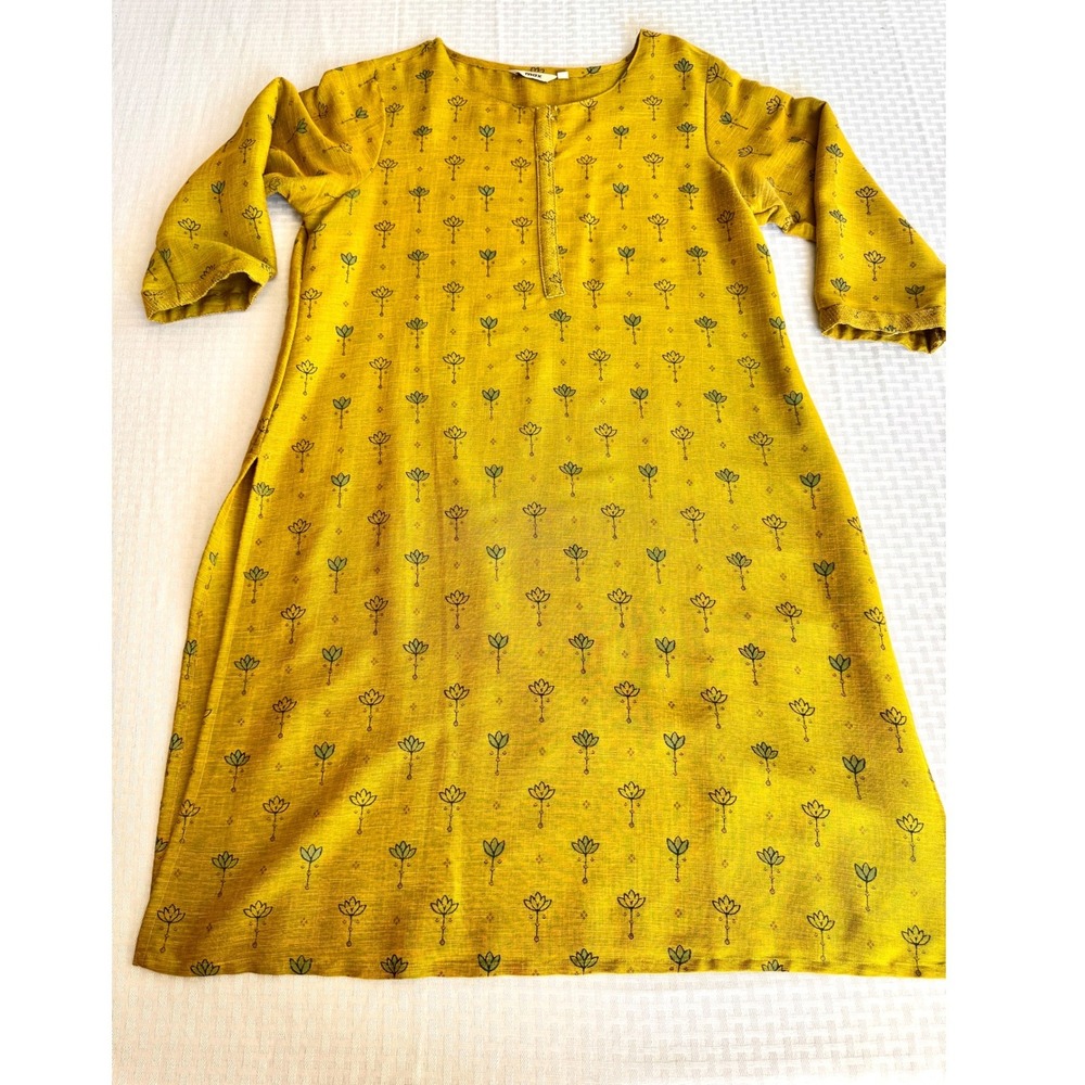 Max Mustard Yellow Lotus Floral Tunic Top XL Rayon Kurti 3/4 Sleeve DACKWI20KD
